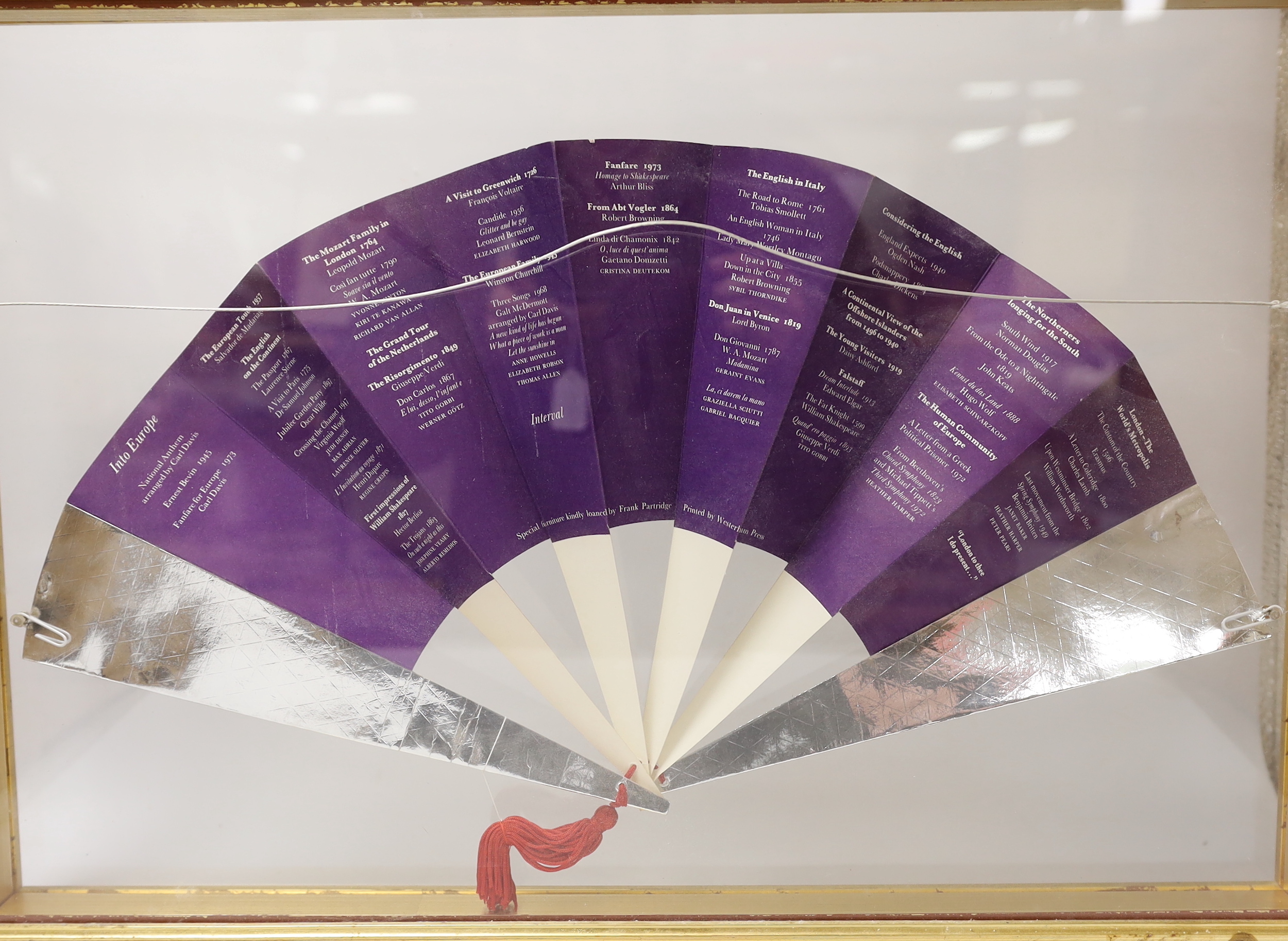 A Royal Opera House, Covent Garden cased programme in the form of a fan, ‘Fanfare’ 3 January 1973, frame dimensions 41 x 58.5cm